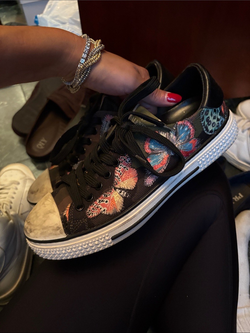 Valentino Garavani Black Lace-Up Sneakers with Multicolor Butterfly Motifs